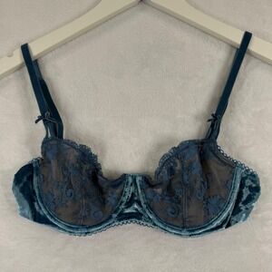 Victoria Secret Dream Angels Bra 34C Teal Blue Velvet Floral Lace Push Up 367071